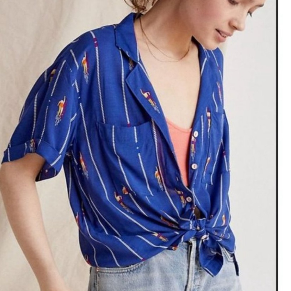 Maeve Bon Voyage Swimmer Button Down Shirt Size Extra Small Anthropologie Blue